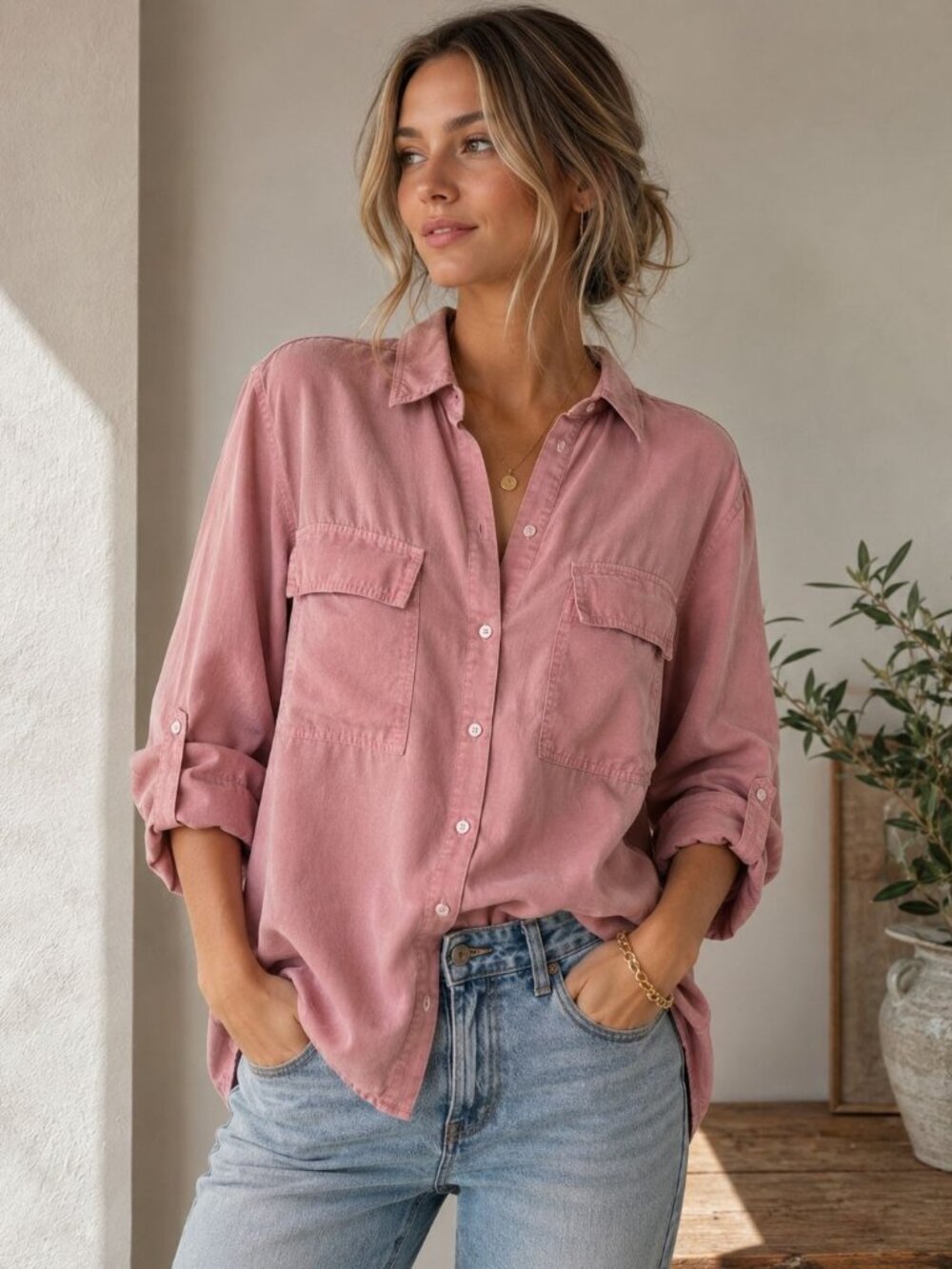Babaton Dusty Rose Lyocell Utility Button Front Blouse Size M - Picture 1 of 11